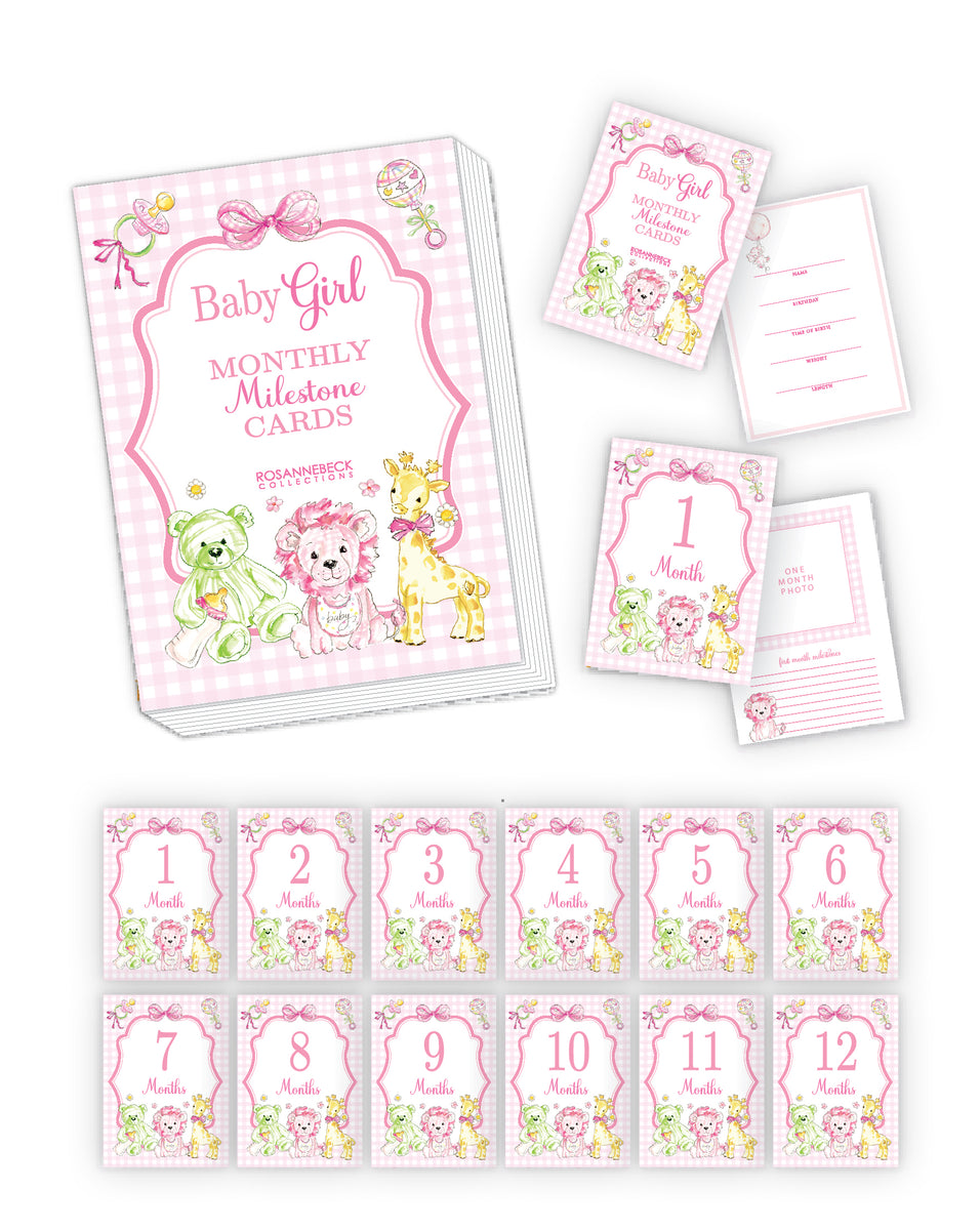 Hand Painted Pink Gingham And Stuffies Milestone Cards – RosanneBECK ...