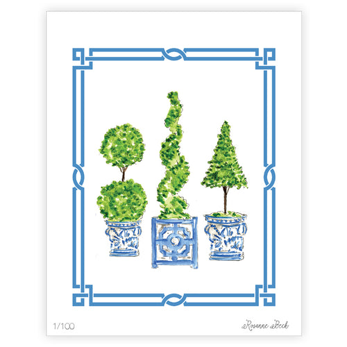Topiary Trio with Asian Pot Watercolor Art Print