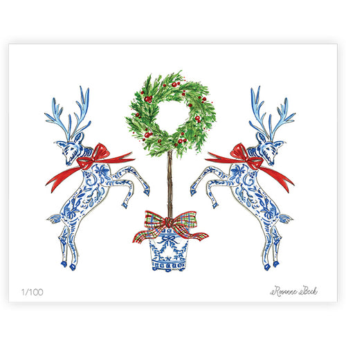 Holiday Reindeer Duo with Topiary Wreath Art Print