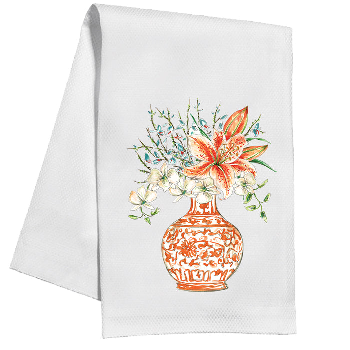 Handpainted Floral Tangerine Chinoiserie Kitchen Towel