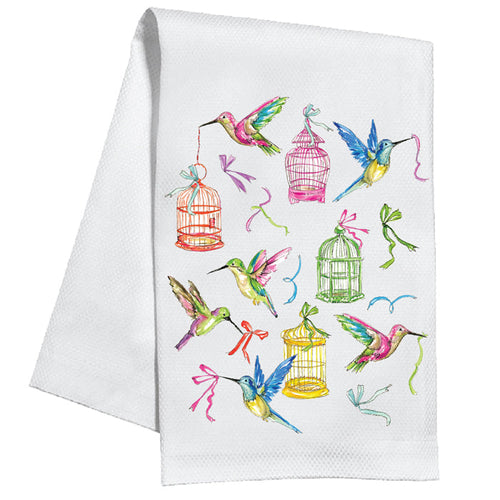 Handpainted Birdhouses and Hummingbirds Kitchen Towel