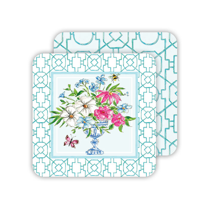 Turquoise Wonderland Floral Arrangement & Bamboo Trellis Paper Coasters