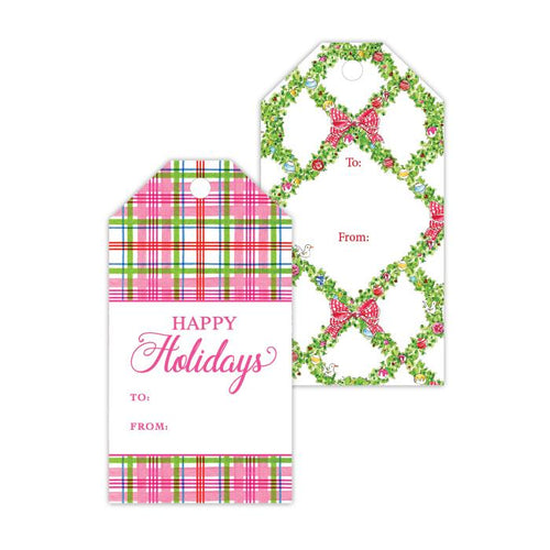 Happy Holidays Bright Plaid/Happy Holidays Holiday Wreath Trellis Gift Tags