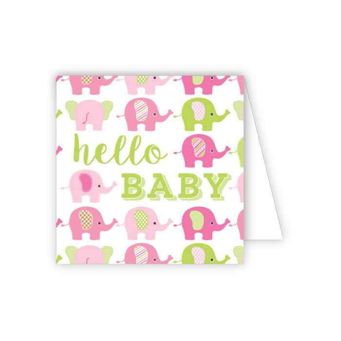 Hello Baby Pink and Green Elephants Enclosure Card