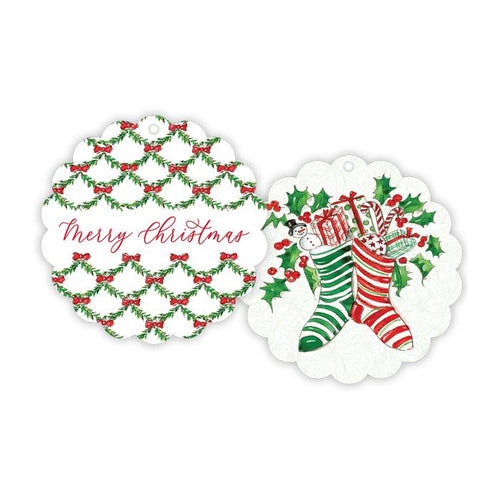 Handpainted Stockings with Presents/Merry Christmas Holly Lattice Scalloped Gift Tags