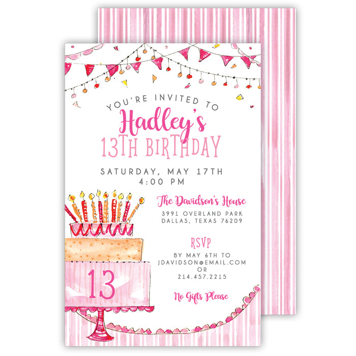 Pink Birthday Cake with Candles Large Flat Invitation