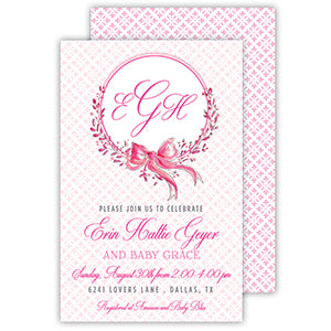 Handpainted Pink Bow And Wreath Large Flat Invitation