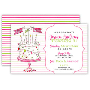 Party Birthday Cake Pink Large Flat Invitation