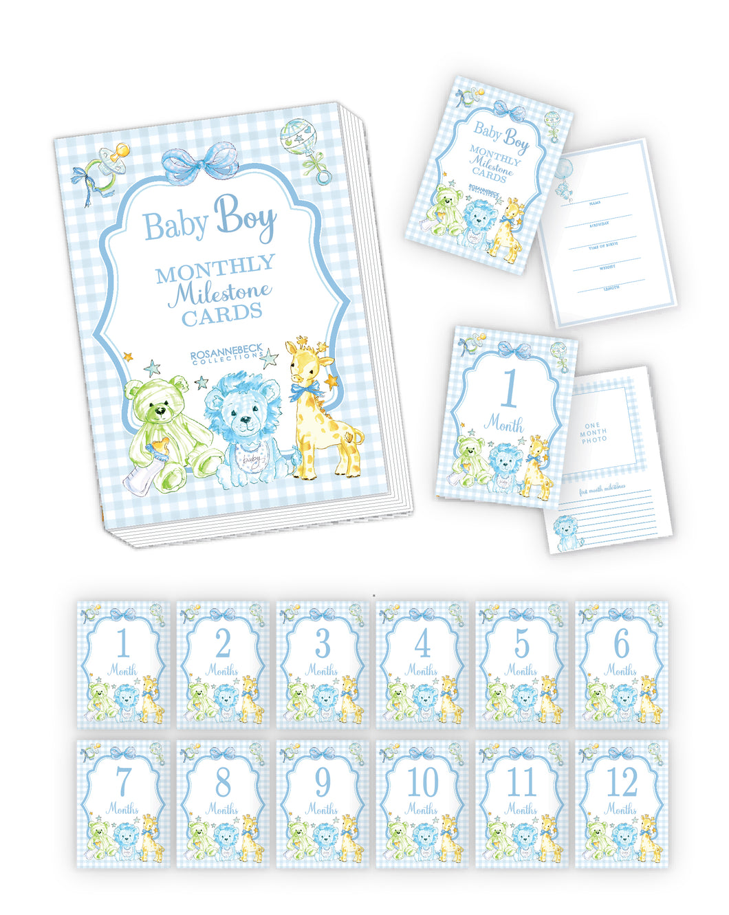 Hand painted Blue Gingham And Stuffies Milestone Cards – RosanneBECK ...