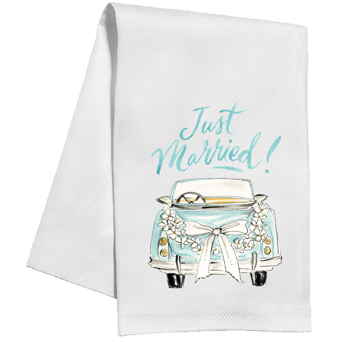 Just Married! Car With Bow And Flowers Kitchen Towel