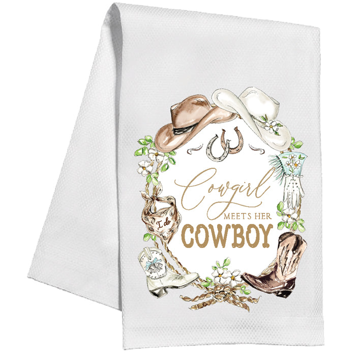 Hand Painted Cowgirl Meets Her Cowboy Kitchen Towel