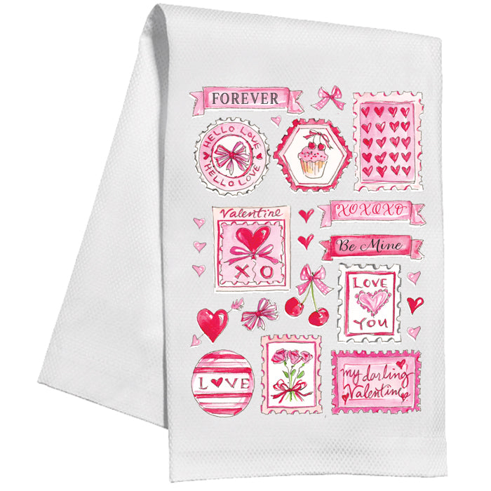 Valentines Stamps Red Hearts and Cherry Kitchen Towel