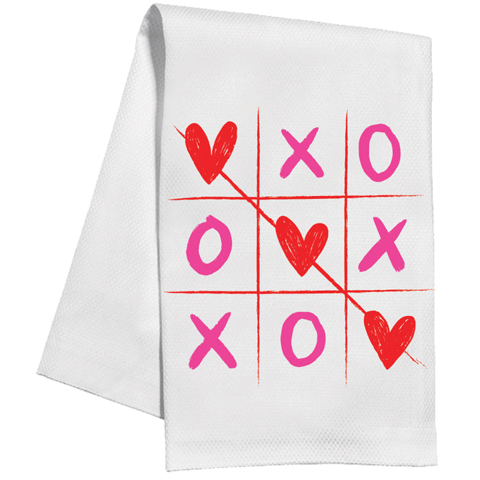 Hand Painted Hearts Tic-Tac-Toe Pink and Red Kitchen Towel
