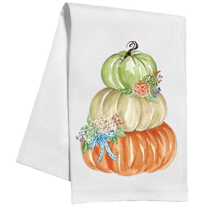 Autumn Feast Stacked Pumpkins With Hydrangeas Kitchen Towel