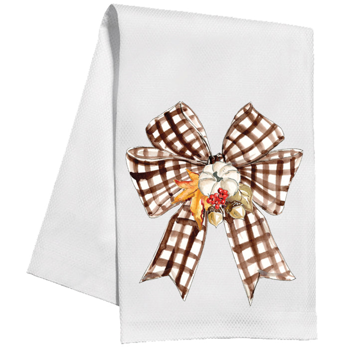 Festive Brown Gigham Bow With Gourd Kitchen Towel