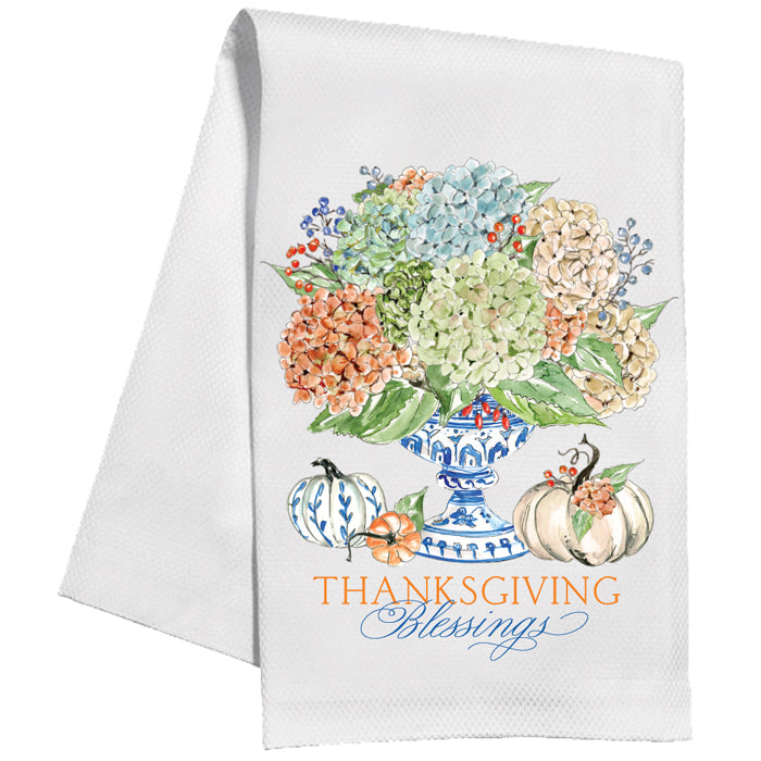 Autumn Feast Thanksgiving Blessings Hydrangea And Gourds Kitchen Towel