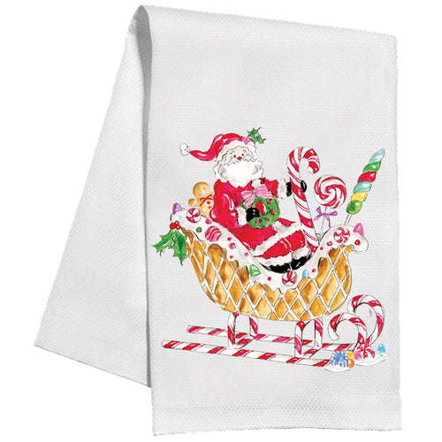 Santa in a Gingerbread Candy Sleigh Kitchen Towel