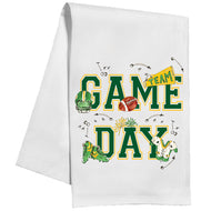 Handpainted Green and Gold Game Day with Football Icons Kitchen Towel