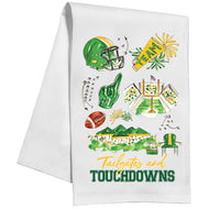 Handpainted Green and Gold Tailgates and Touchdowns with Football Icons Kitchen Towel