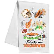 Handpainted Orange and Black Tailgates and Touchdowns with Football Icons Kitchen Towel