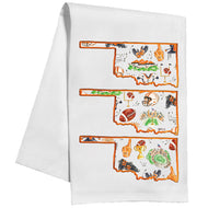 Handpainted Orange and Black Football Icon Pattern Inside State of Oklahoma Kitchen Towel