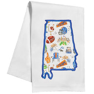 Handpainted Orange and Blue Football Icon Pattern Inside State of Alabama Kitchen Towel