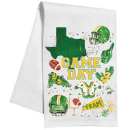 Handpainted Green and Gold Game Day State of Texas with Football Icons Kitchen Towel