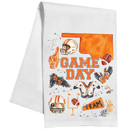 Handpainted Orange and Black Game Day State of Oklahoma with Football Icons Kitchen Towel