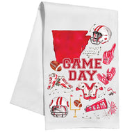 Handpainted Cardinal Red and White Game Day State of Arkansas with Football Icons Kitchen Towel