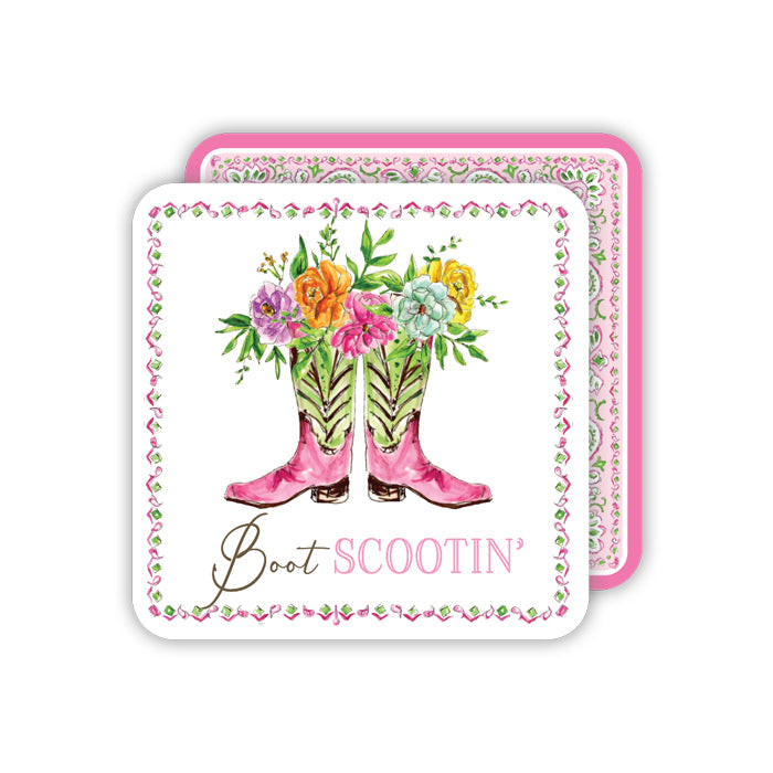 Pink & Green Boots With Flowers Square Coasters