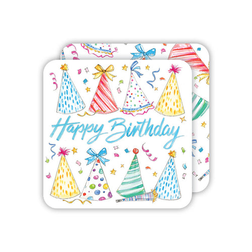 Happy Birthday Colorful Party Hats Square Coaster