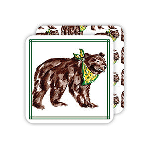 Green And Yellow Bear Square Paper Coasters