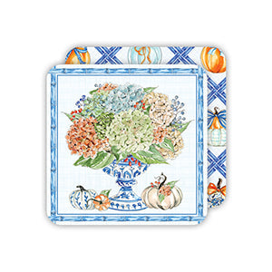 Autumn Feast Hydrangea Chinoiserie Pot with Pumpkins Square Coasters