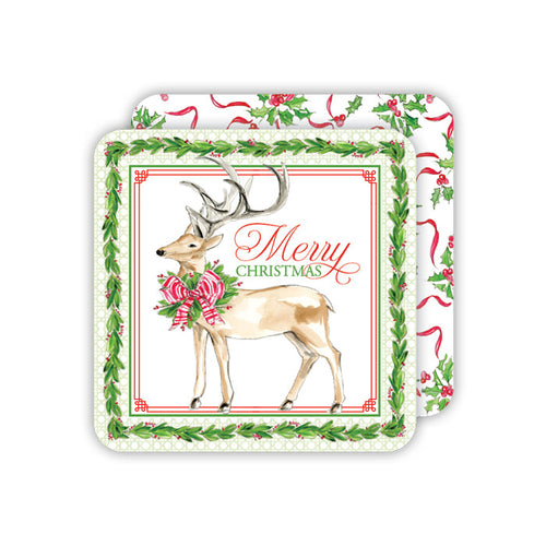 Deer with Holly and Red Striped Bow Holly Square Coaster