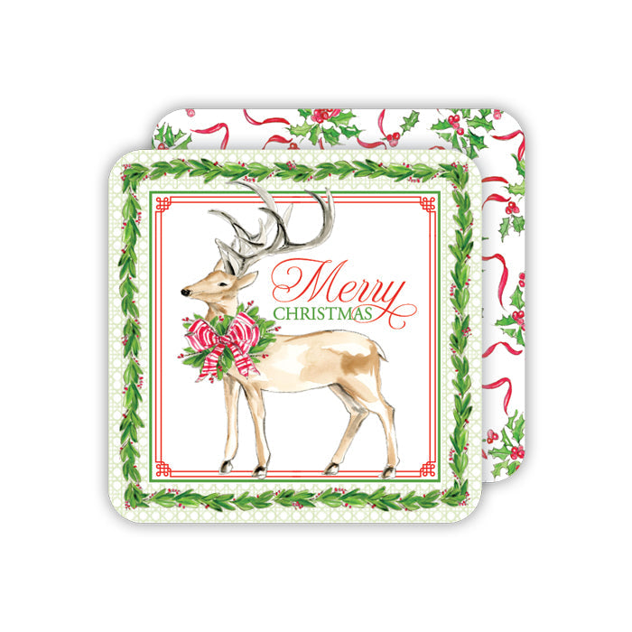 Deer with Holly and Red Striped Bow Holly Square Coaster