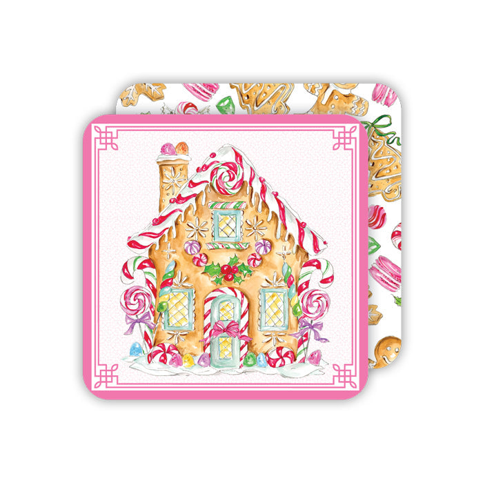 Gingerbread House with Christmas Candy Pink Square Coasters