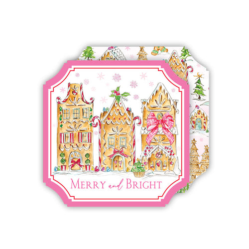 Merry and Bright Gingerbread Houses Pink Die-Cut Coasters