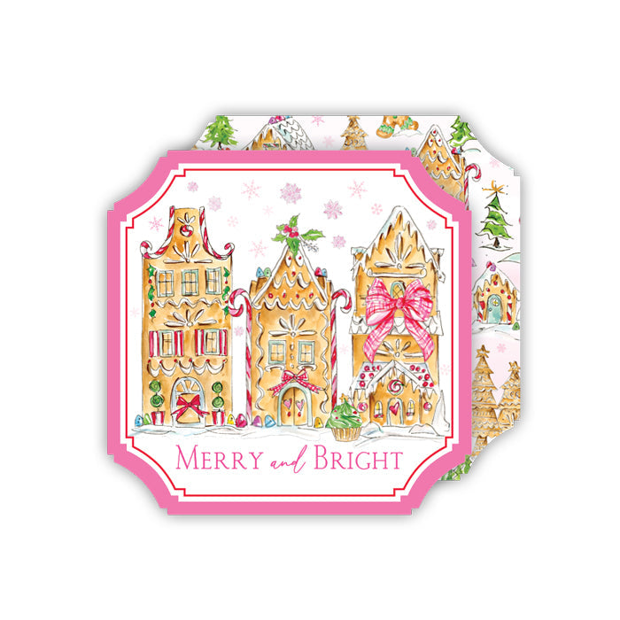 Merry and Bright Gingerbread Houses Pink Die-Cut Coasters