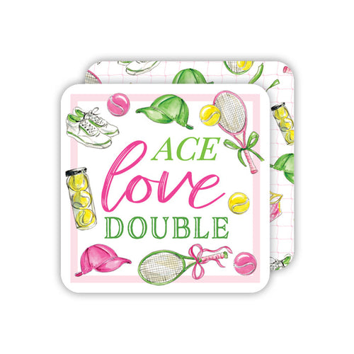 Ace Love Double Tennis Icons Pink Green Square Coaster