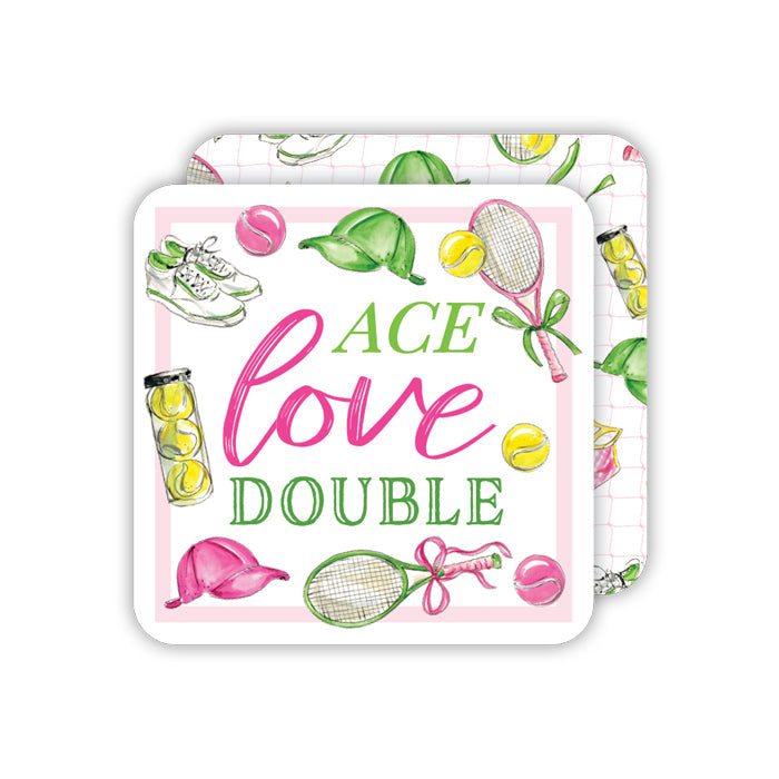 Ace Love Double Tennis Icons Pink Green Square Coaster