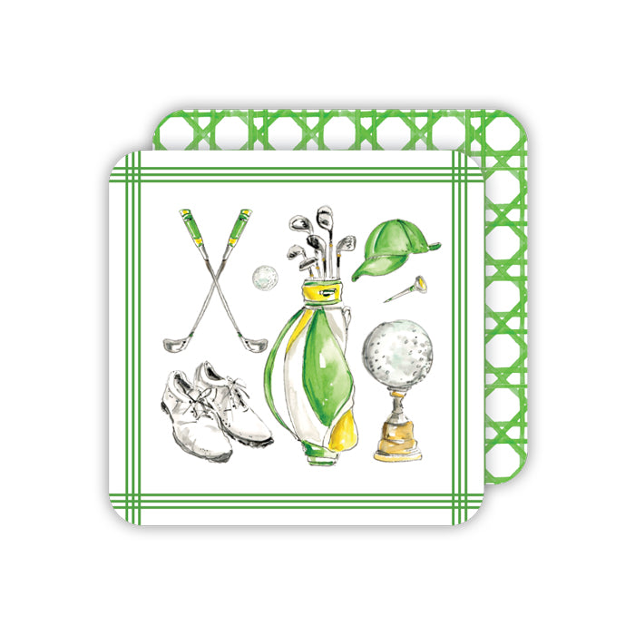 Golf Club Bag and Icons Green and Yellow Square Coasters
