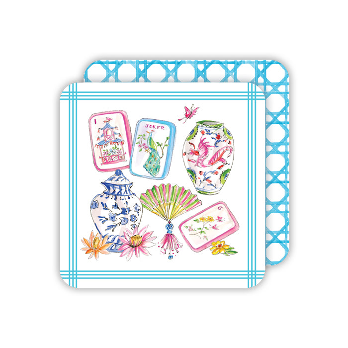 Mahjong Icons Pots Fan Tiles and Flowers Square Coasters
