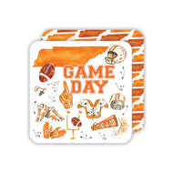 Handpainted Orange and White Game Day with State of Tennessee & Football Icons Square Coasters