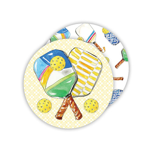 Hand Painted Pickleball Paddles and Balls Round Coasters