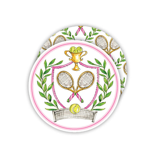Hand Painted Pink Tennis Crest Round Coasters