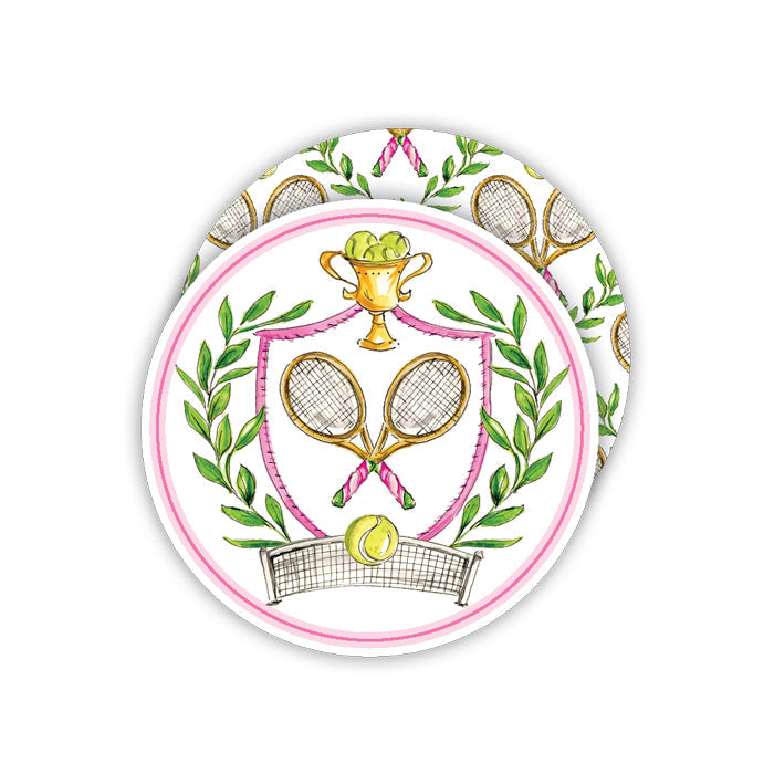 Hand Painted Pink Tennis Crest Round Coasters