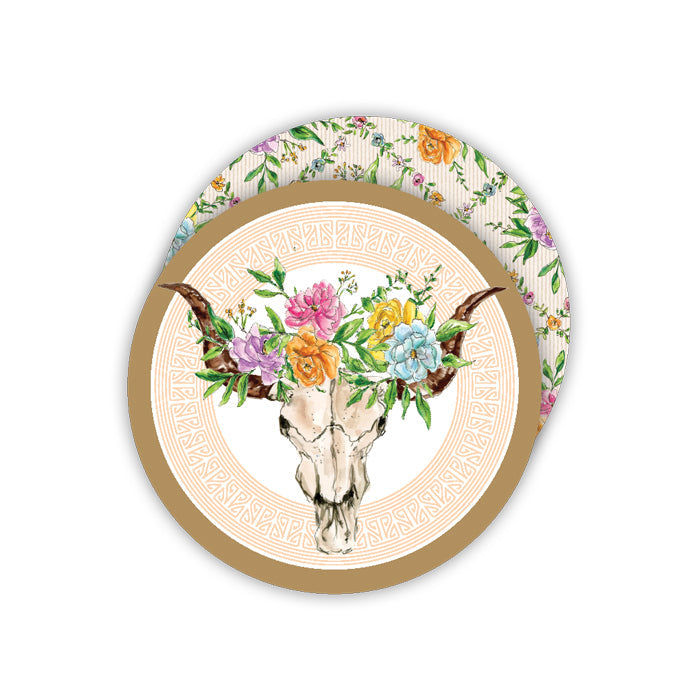 Cow Skull With Flowers Round Coasters
