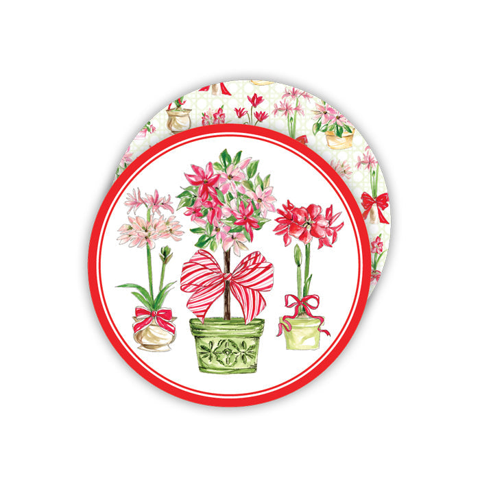 Christmas Poinsettia and Amaryllis In Pots Round Coaster