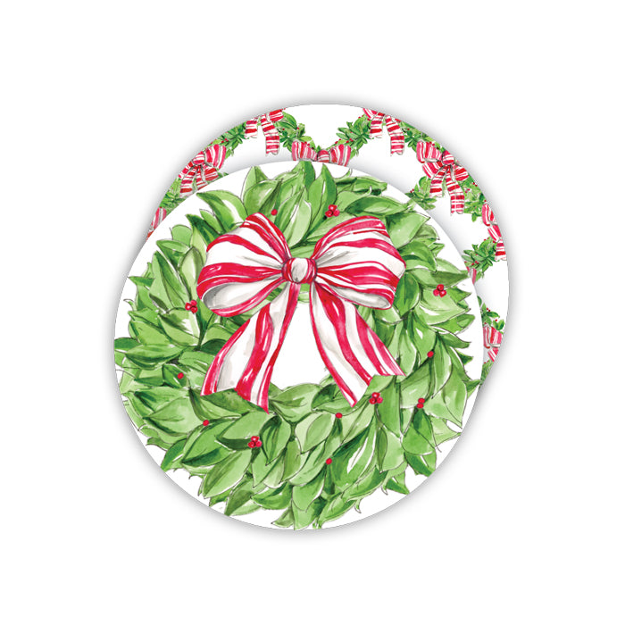 Christmas Wreath Berries Red Striped Bow Round Coaster