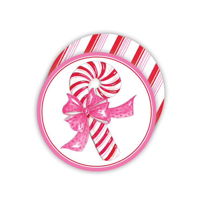 Red Pink Striped Candy Cane with Polka Dot Pink Bow Round Coasters